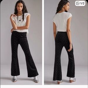 Sz S Anthropologie Joni Black Velvet Eyelet Flare Pants